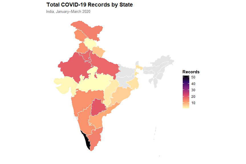 Map of total COVID-19 records by state in India